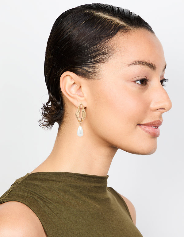 Gold Oval Pearl Drop Earrings