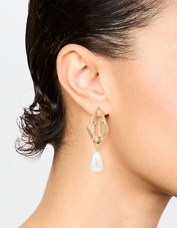Gold Oval Pearl Drop Earrings