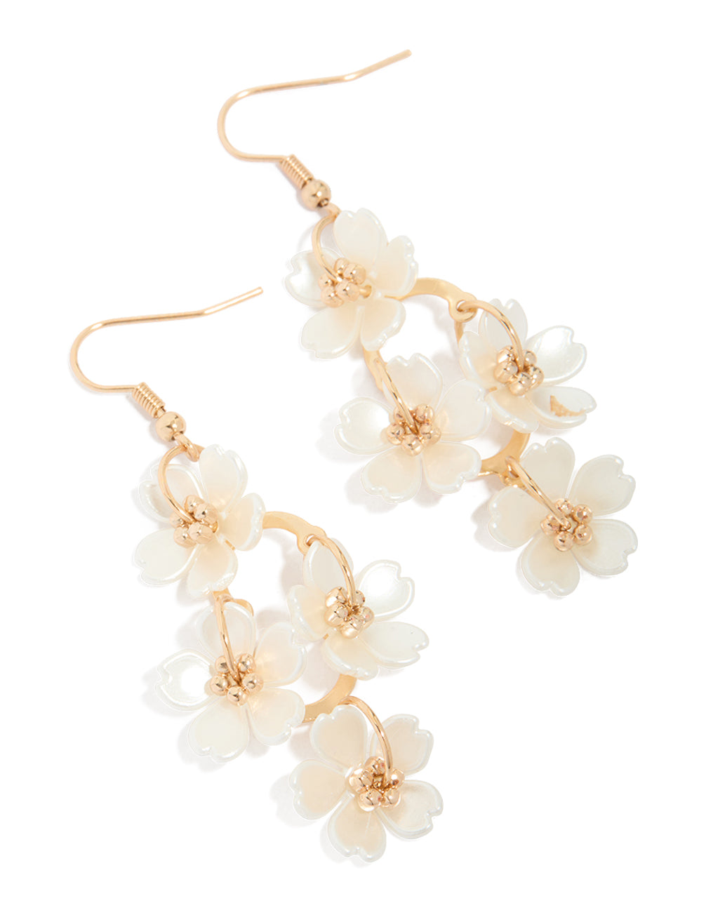 Gold Pearl Flower Vine Drop Earrings