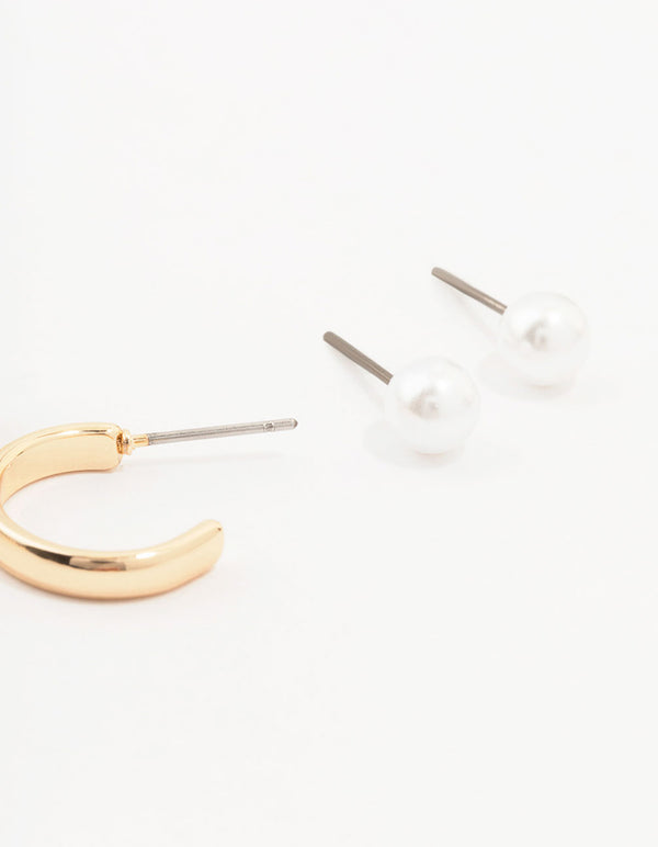 Gold Pearl Stud And Hoop Earrings 3-Pack