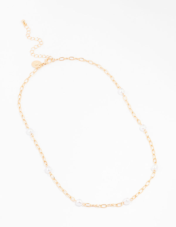 Gold Chain Pearl Station Necklace