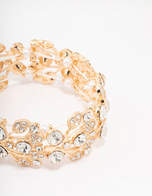 Gold Diamante Pearl Stretch Bracelet