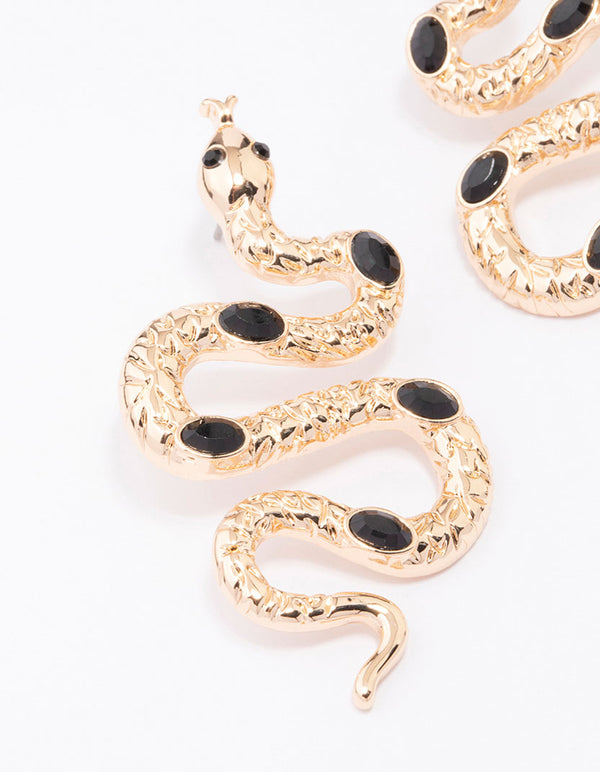 Gold & Black Stone Snake Drop Earrings