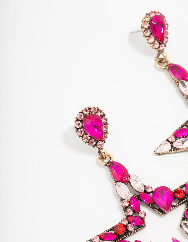 Gold & Pink Diamante Star Drop Earrings