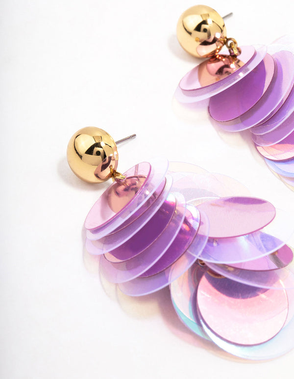 Gold & Purple Cluster Disc Drop Earrings