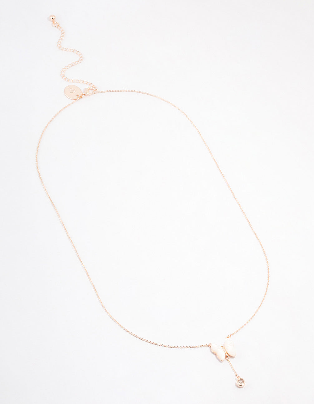 Rose Gold Plated Cubic Zirconia Mother of Pearl Butterfly Drop Necklace