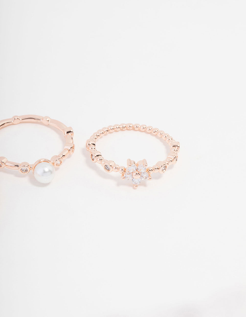 Rose Gold Plated Cubic Zirconia Pearl Bamboo Ring 3-Pack