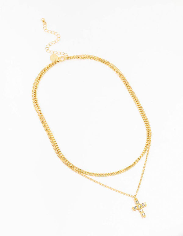 Gold Plated Diamante Cross Layered Cross Pendant Necklace