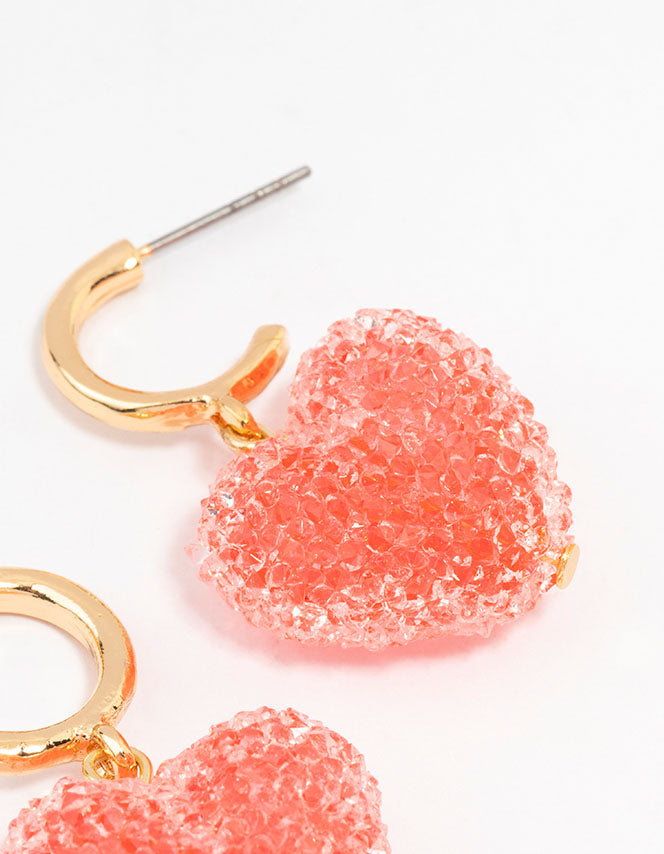 Gold Gummy Heart C Shaped Hoop Earrings