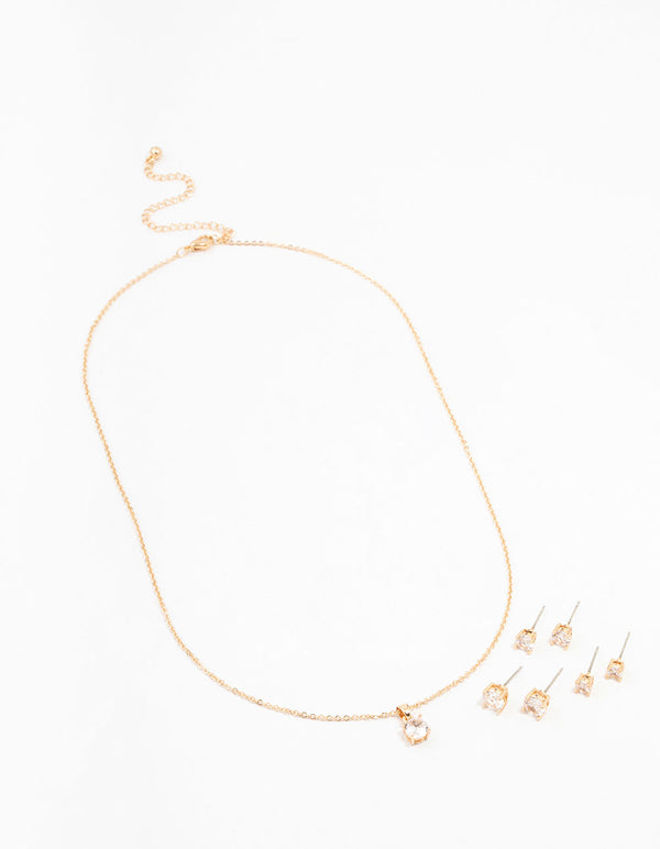 Gold Multiple Cubic Zirconia 6-Pack Stud Earrings & Necklace Set