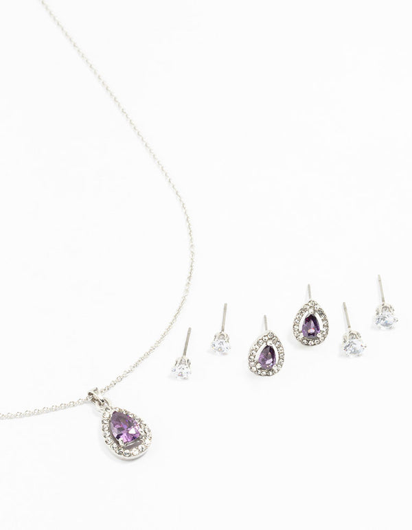 Silver Multiple Purple & Silver Pear Earring & Necklace Set