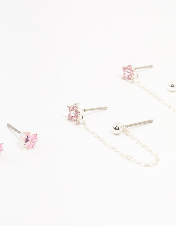 Silver Plated Brass Heart Flower Chain Earrings 3-Pack