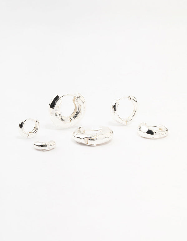 Silver Plated Brass Hammered Graduating Hoop Earrings 3-Pack