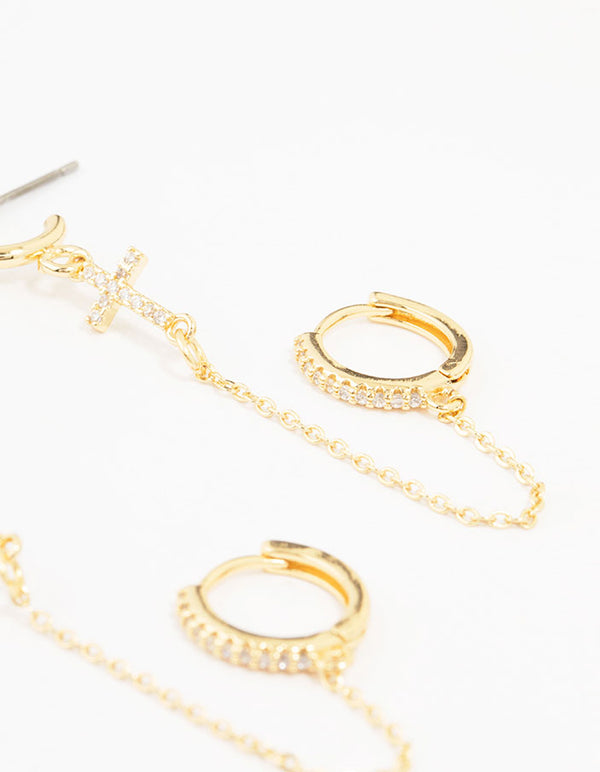 Gold Plated Brass Cross Stud & Chain Earrings 4-Pack