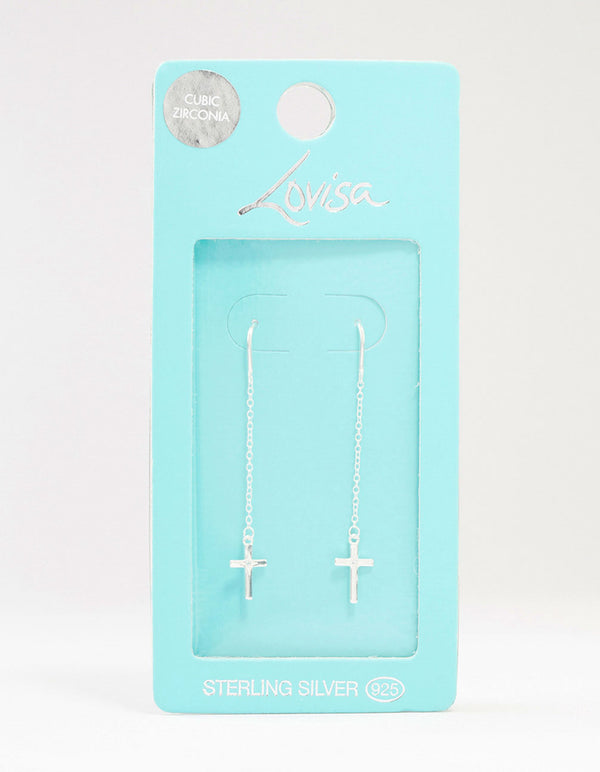Sterling Silver Thread Through Cross Drop Earrings