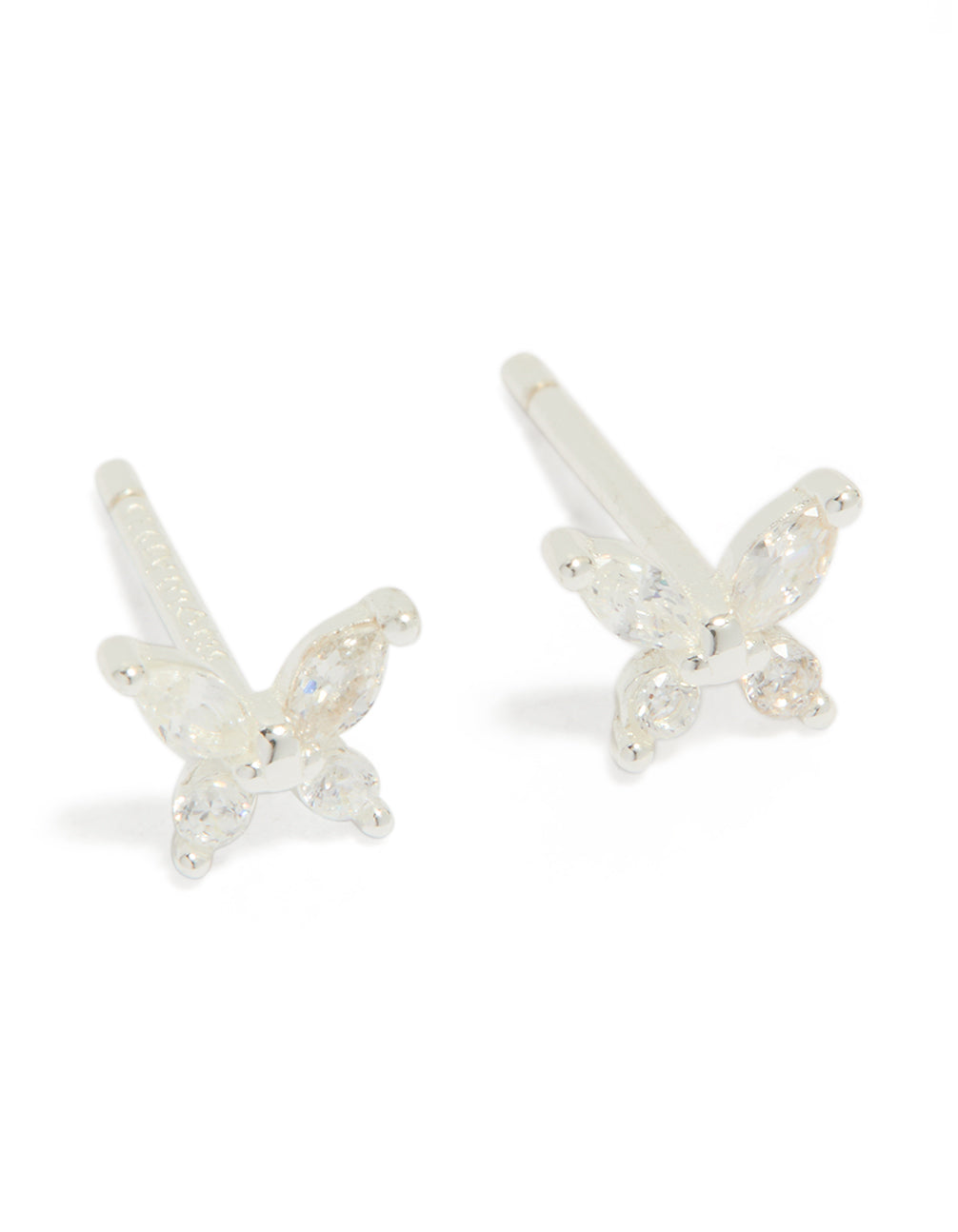 Highlighting sterling silver butterfly and hoop stud earrings in a 2-pack close up view