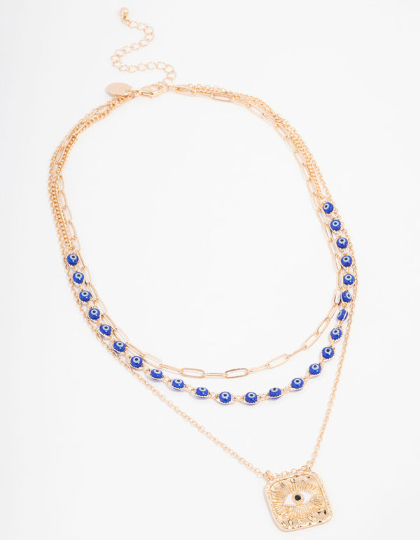 Gold Plated Triple Row Layered Evil Eye Necklace