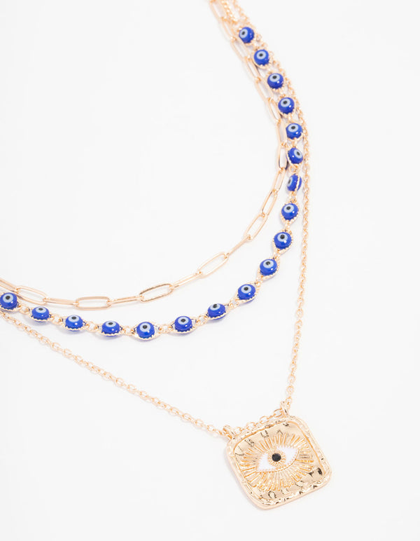 Gold Plated Triple Row Layered Evil Eye Necklace