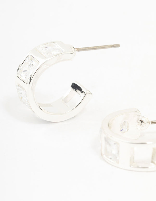 Silver Cubic Zirconia Square Chunky Hoop Earrings