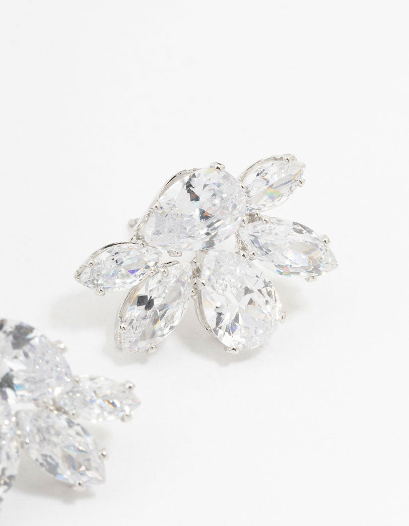 Silver Cubic Zirconia Cluster Teardrop Stud Earrings