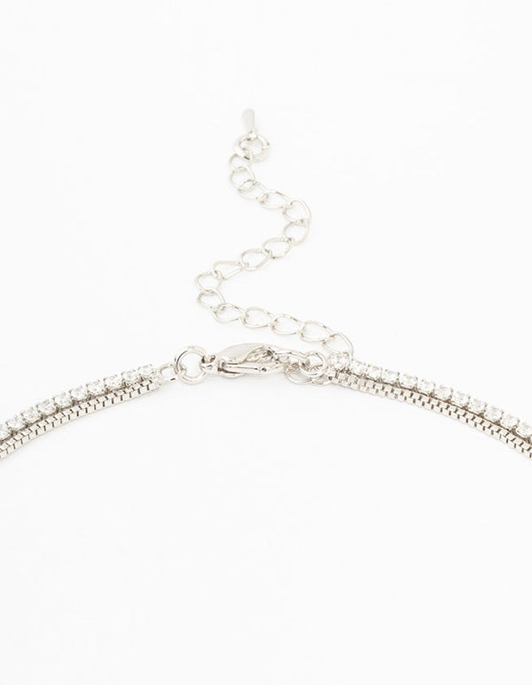 Silver Cubic Zirconia Double Row Pearl Pendant Necklace