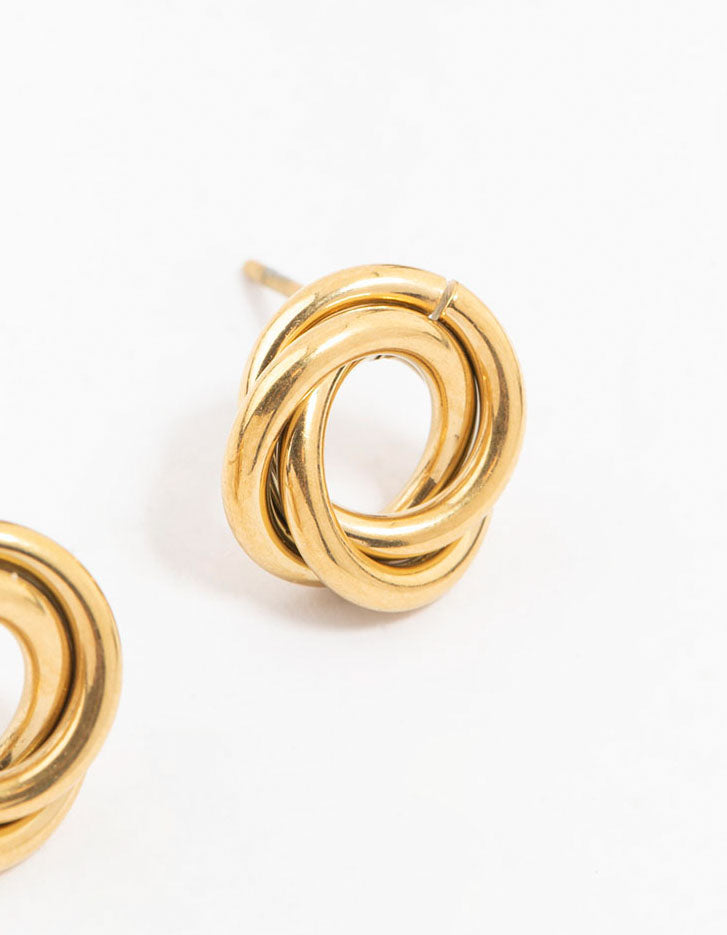 Displaying waterproof gold plated stainless steel knotted doughnut stud earrings post detail view