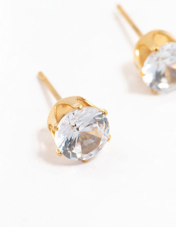 Showcasing waterproof gold plated stainless steel cubic zirconia stud earrings in 7 MM close up view