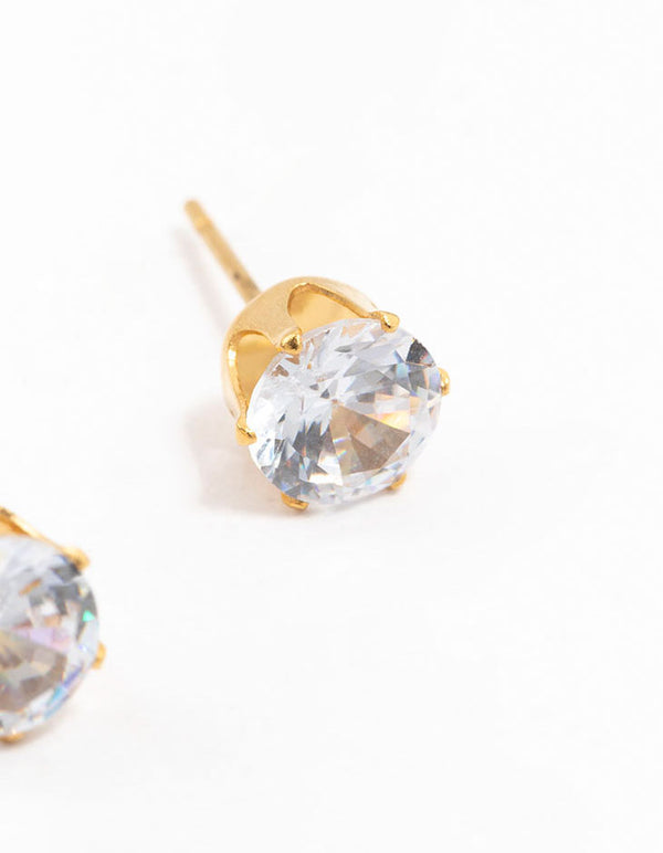 Crafted from waterproof gold plated stainless steel cubic zirconia stud earrings in 7 MM post detail view