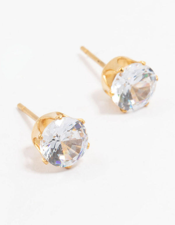 Featuring waterproof gold plated stainless steel cubic zirconia stud earrings in 7 MM front view