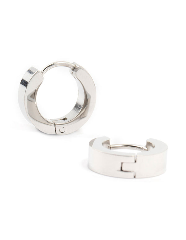 Showcasing waterproof stainless steel wide huggie earrings crafted from silver metal front view