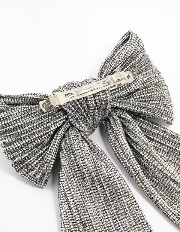 Metallic Silver Fabric Medium Bow Clip