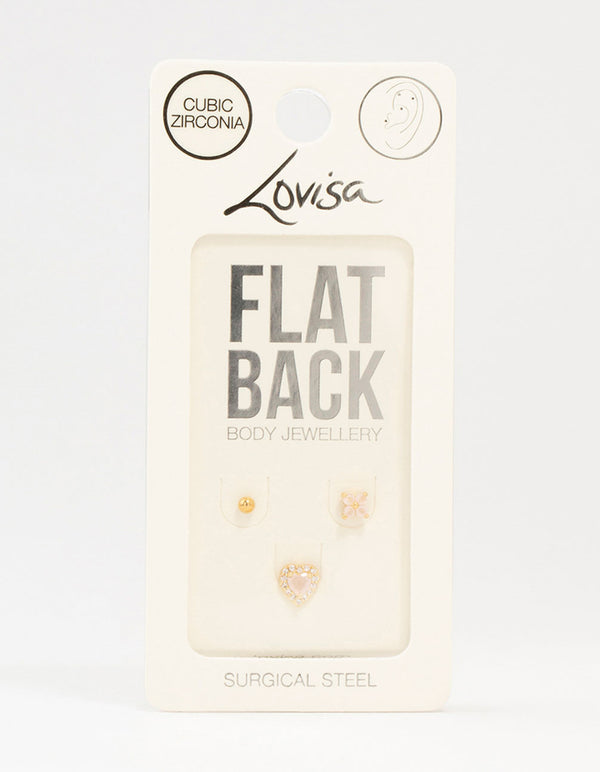 Gold Plated Surgical Steel Heart and Flower Flat Backs 3-Pack