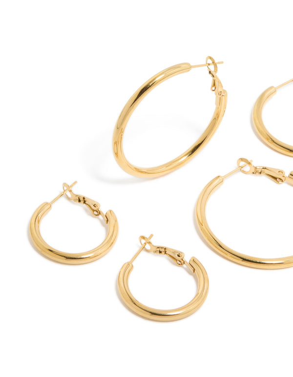 Waterproof Gold Plated Stainless Steel Large Basic Hoop Earrings 3-Pack