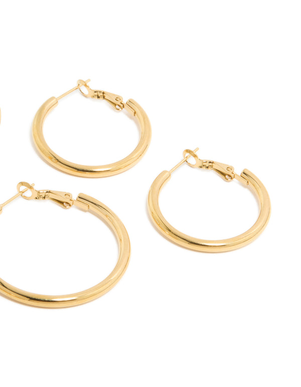 Waterproof Gold Plated Stainless Steel Large Basic Hoop Earrings 3-Pack