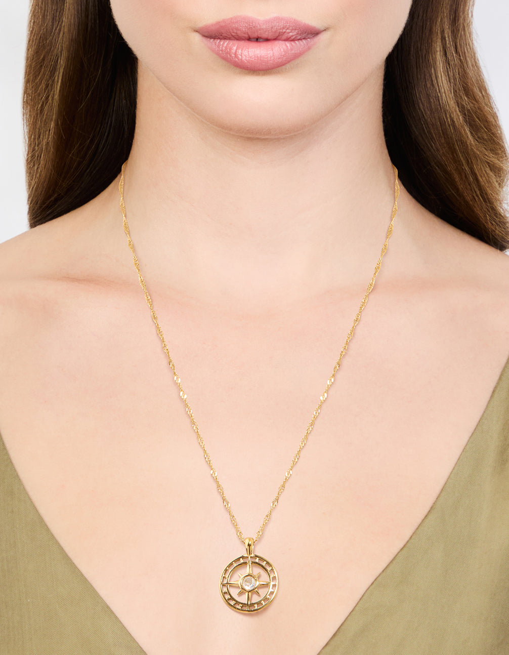 Waterproof Gold Plated Stainless Steel Compass Pendant Necklace