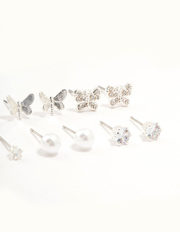 Silver Pearl Diamante Butterfly Earrings 8-Pack