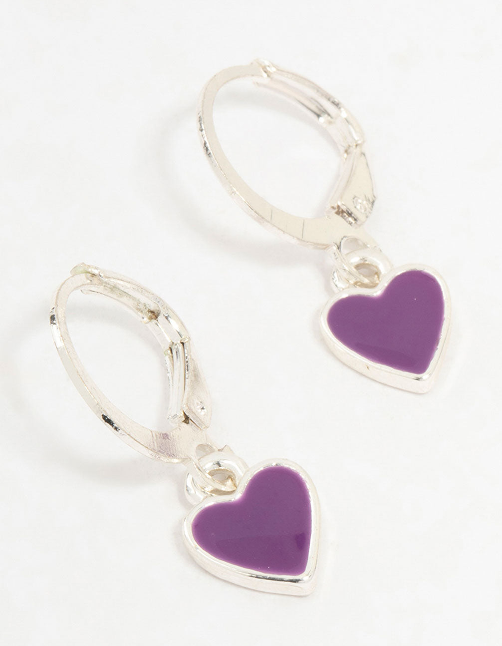 Silver Purple Heart Drop Huggie Earrings