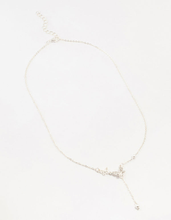 Silver Diamante Pearl Butterfly Y-Necklace