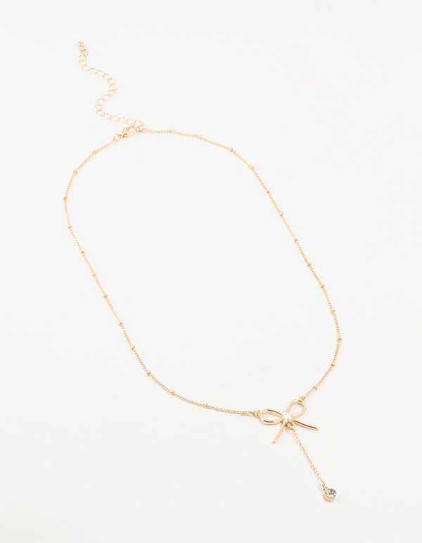 Gold Diamante Ball & Chain Bow Drop Necklace
