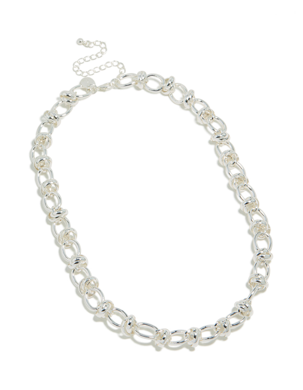Designed with silver plated knotted chain necklace front view