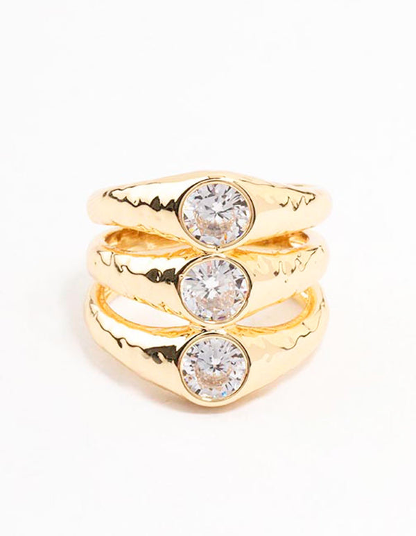 Gold Plated Textured Layered Cubic Zirconia Ring