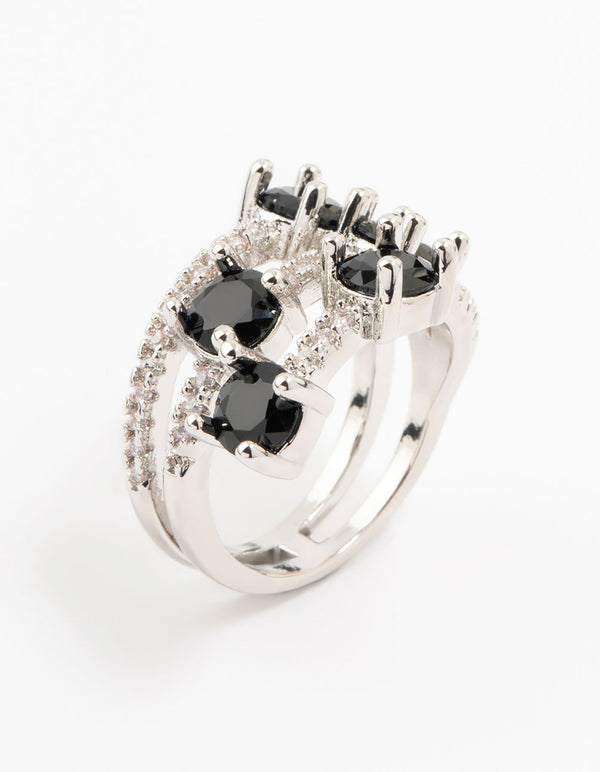 Silver Black 3 Row Round Cubic Zirconia Ring
