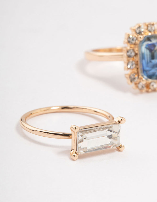Rose Gold Framed Blue & Silver Diamante Rings 3-Pack