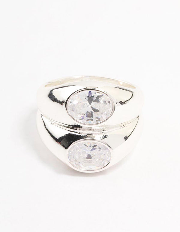Silver Plated Oval Cubic Zirconia Puffy Stacking Ring