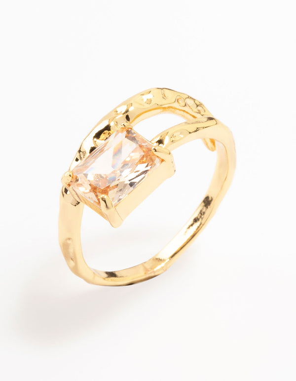 Elegant gold plated rectangular fine wrapped ring with pink crystal accents and statement styling side detail view