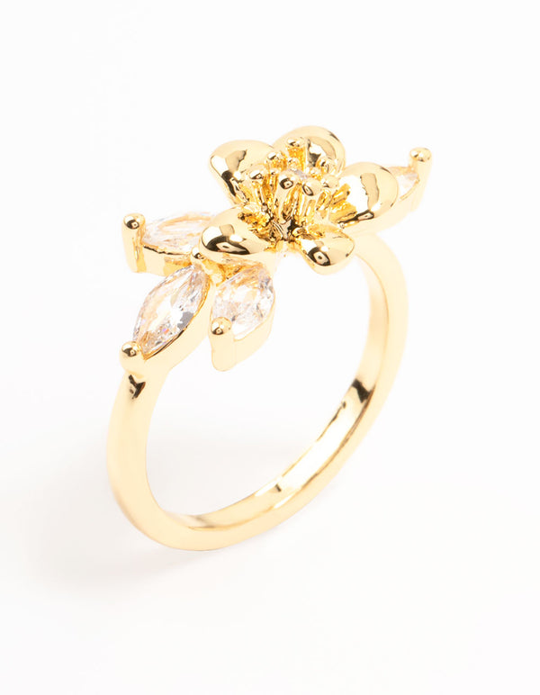 Crafted from gold plated material, this fine flower cubic zirconia ring statement style side detail view