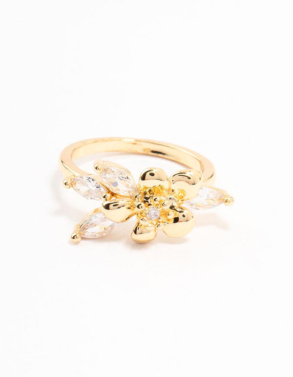 Featuring a floral pattern, this gold plated fine flower cubic zirconia ring showcases statement style close up view