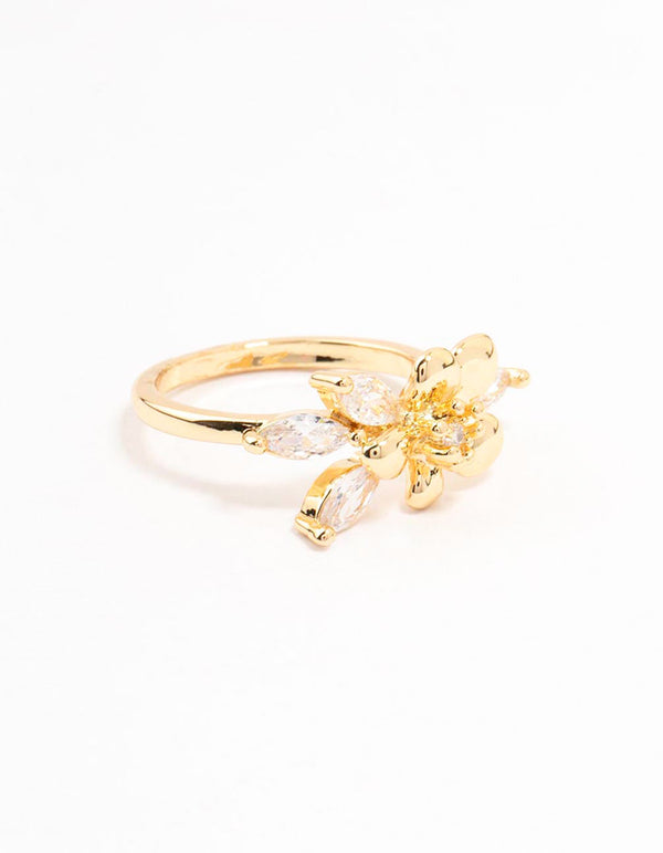 Discover a gold plated fine flower cubic zirconia ring with statement style front view