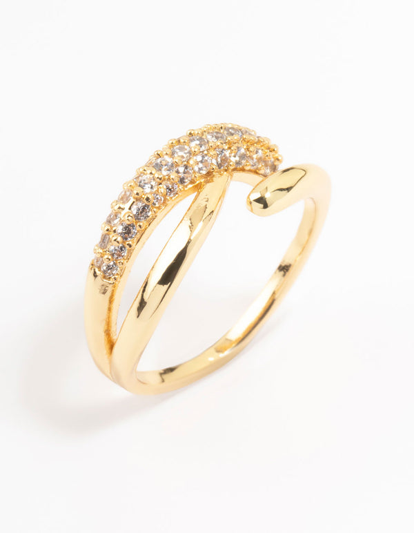 Showcasing a gold plated cubic zirconia criss cross ring side detail view