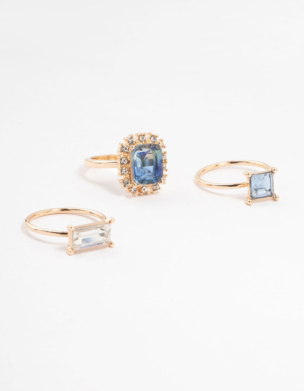 Beautifully crafted rose gold framed diamante rings in a 3-pack front view